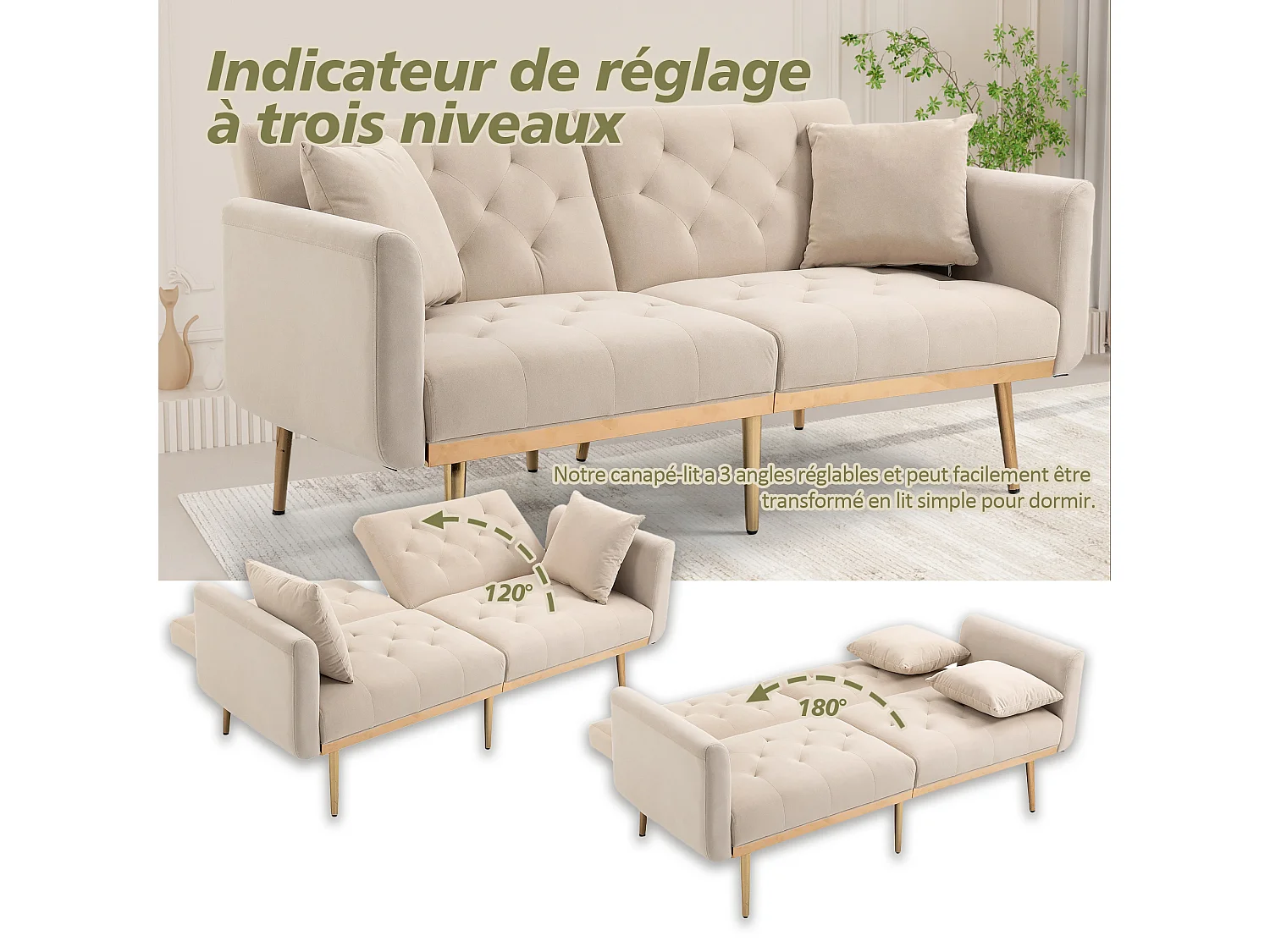 Canapé 2 Places en Tissu Velour Beige à Pieds Dorés - Design Luxe et Élégant – 2 Coussins Inclus