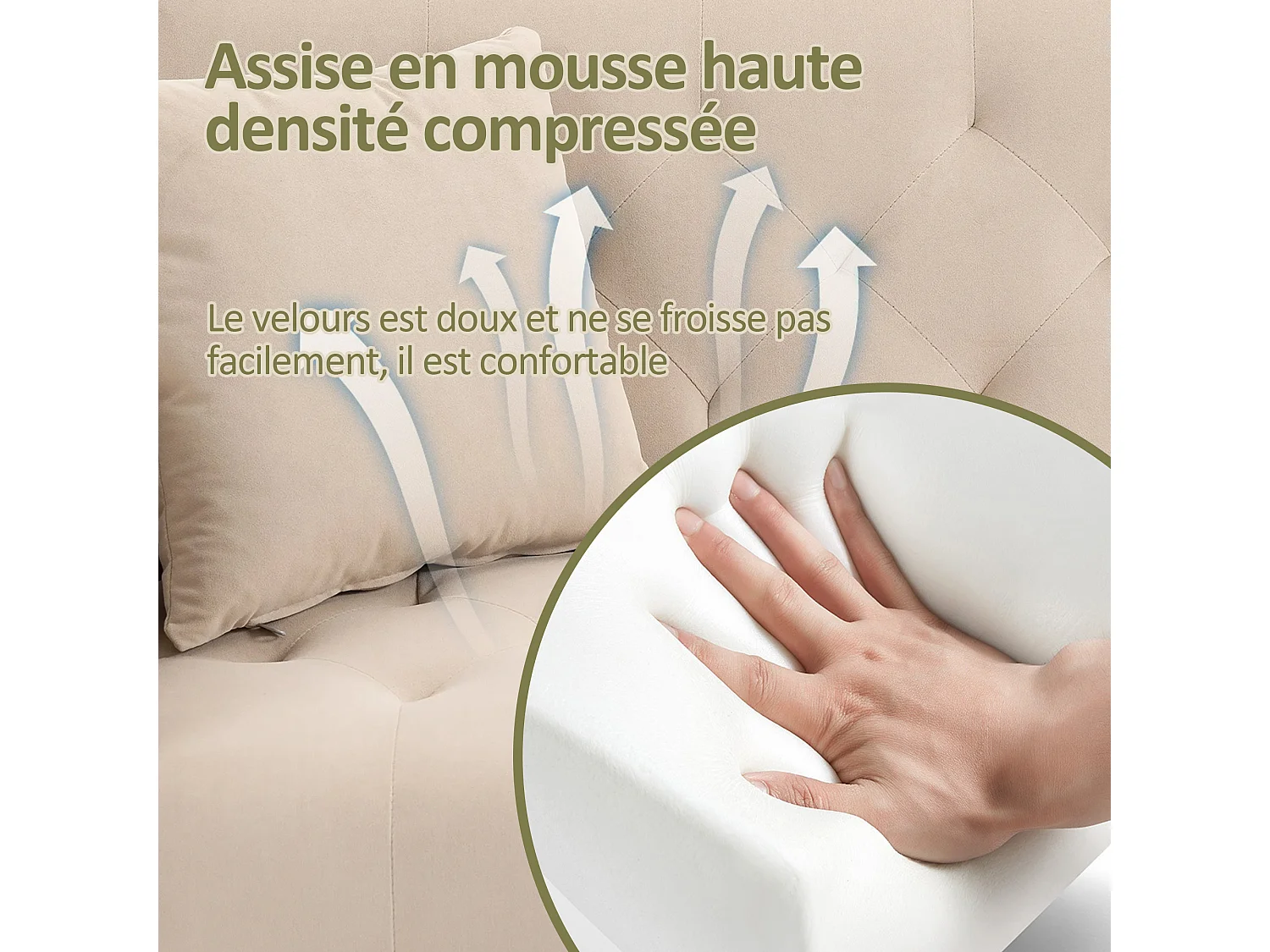 Canapé 2 Places en Tissu Velour Beige à Pieds Dorés - Design Luxe et Élégant – 2 Coussins Inclus