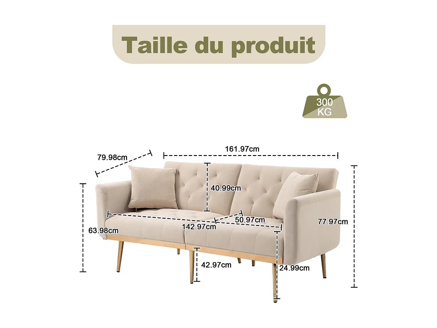 Canapé 2 Places en Tissu Velour Beige à Pieds Dorés - Design Luxe et Élégant – 2 Coussins Inclus