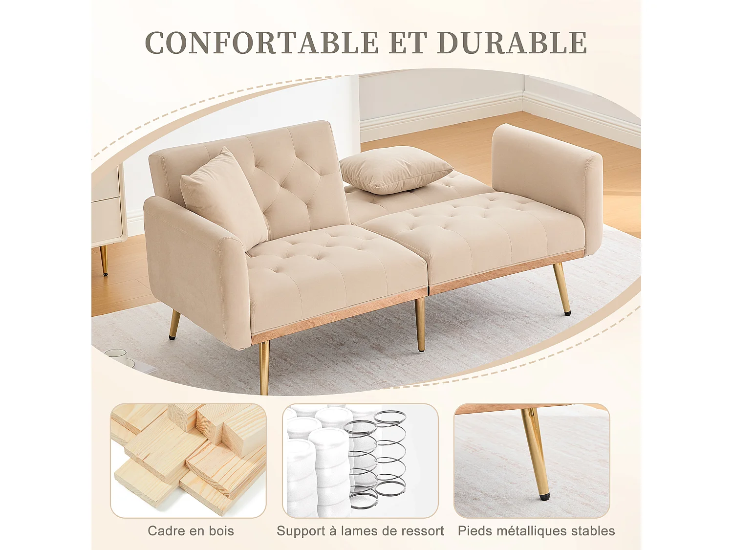 Canapé 2 Places en Tissu Velour Beige à Pieds Dorés - Design Luxe et Élégant – 2 Coussins Inclus