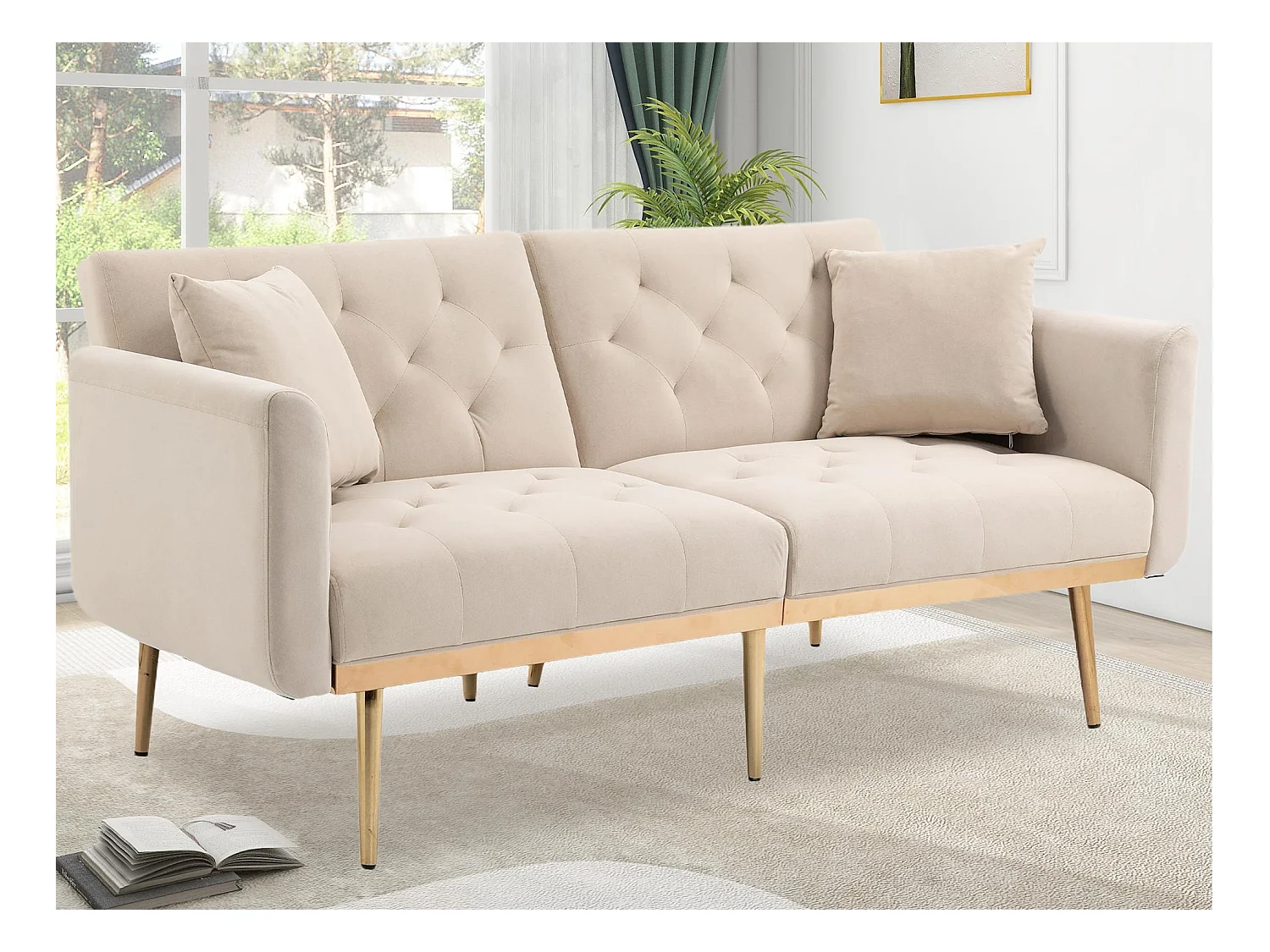 Canapé 2 Places en Tissu Velour Beige à Pieds Dorés - Design Luxe et Élégant – 2 Coussins Inclus
