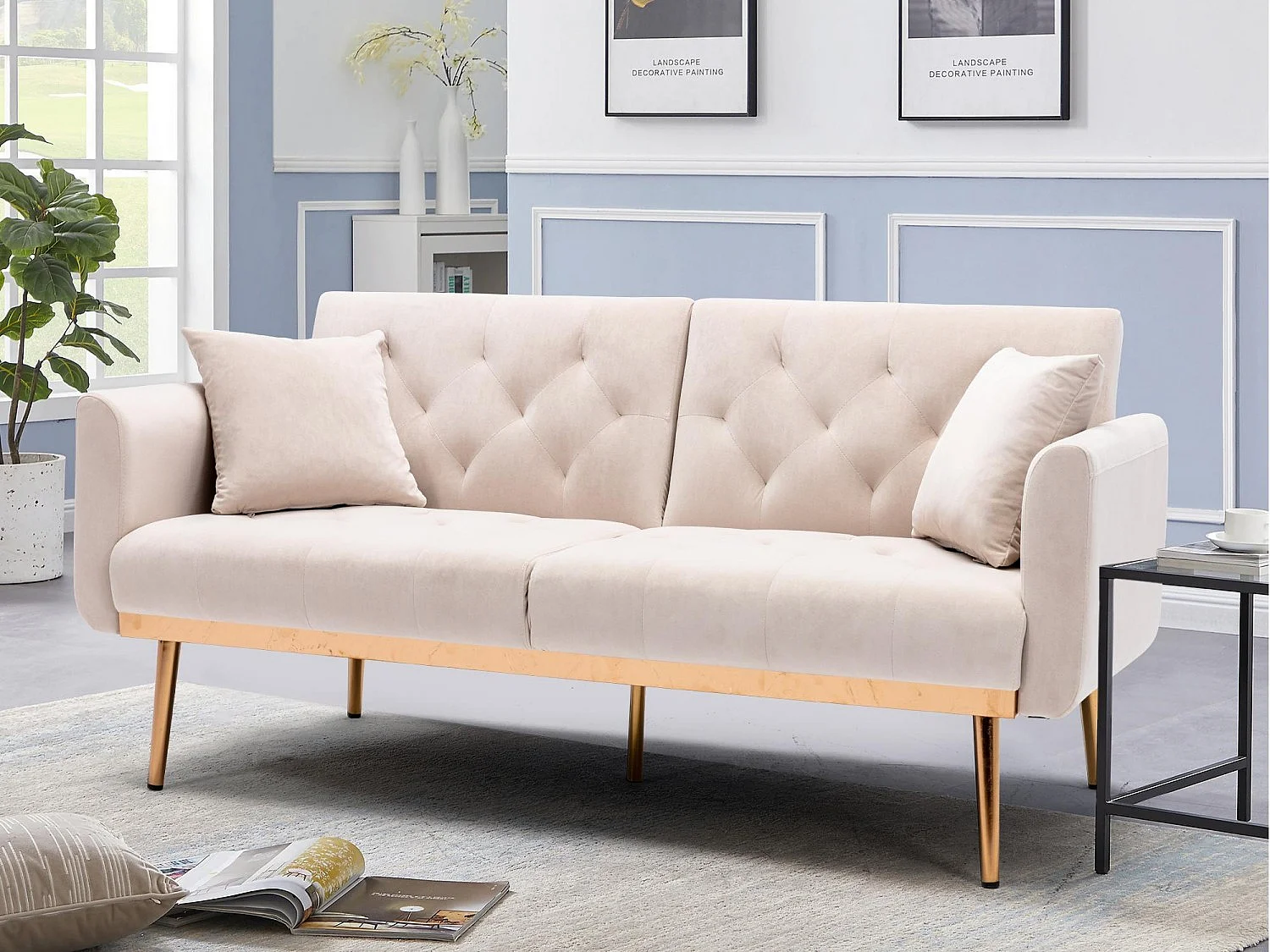 Canapé 2 Places en Tissu Velour Beige à Pieds Dorés - Design Luxe et Élégant – 2 Coussins Inclus