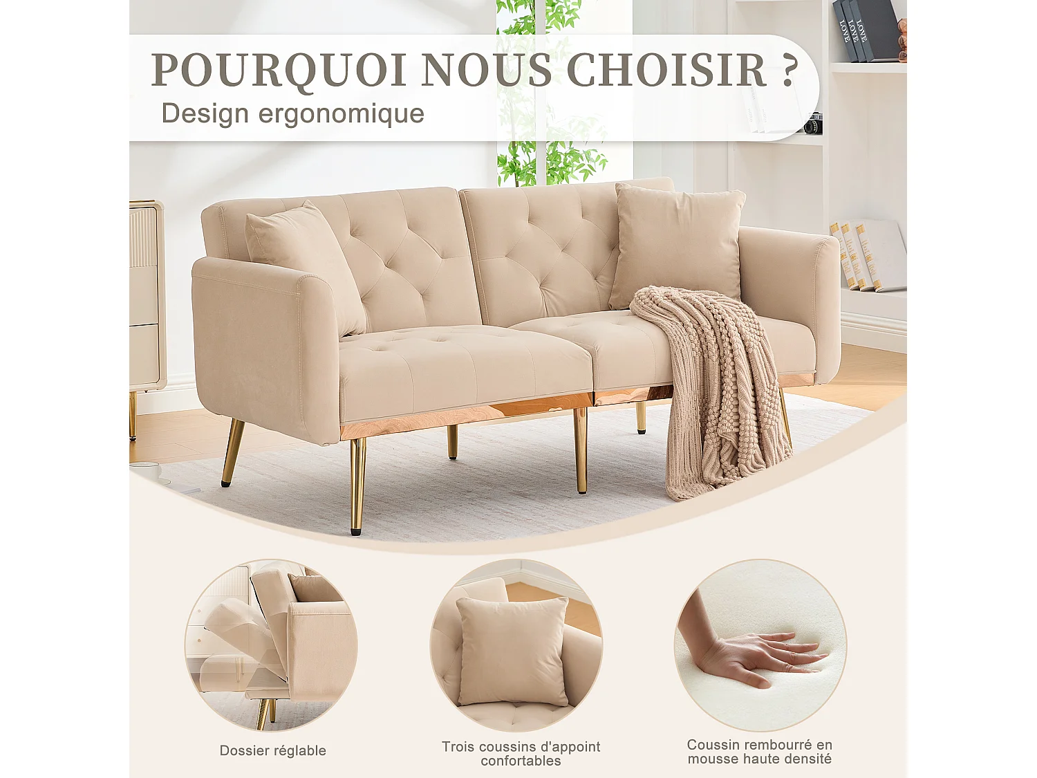 Canapé 2 Places en Tissu Velour Beige à Pieds Dorés - Design Luxe et Élégant – 2 Coussins Inclus
