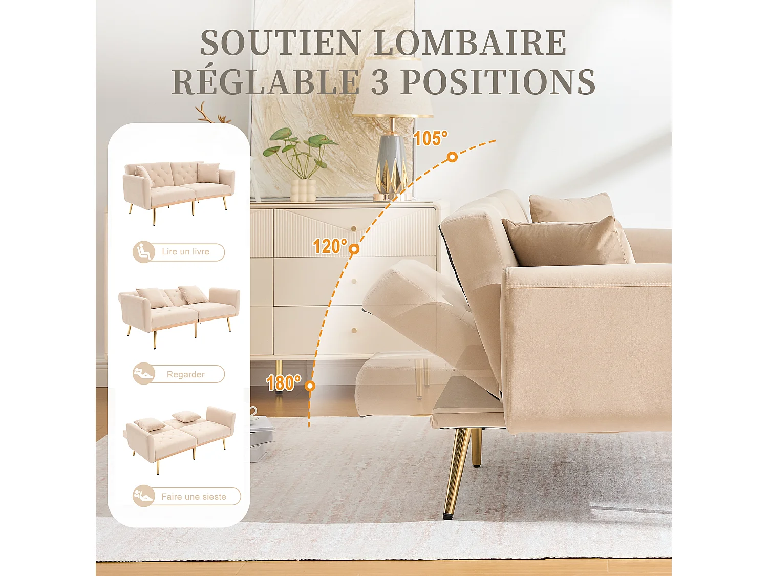 Canapé 2 Places en Tissu Velour Beige à Pieds Dorés - Design Luxe et Élégant – 2 Coussins Inclus