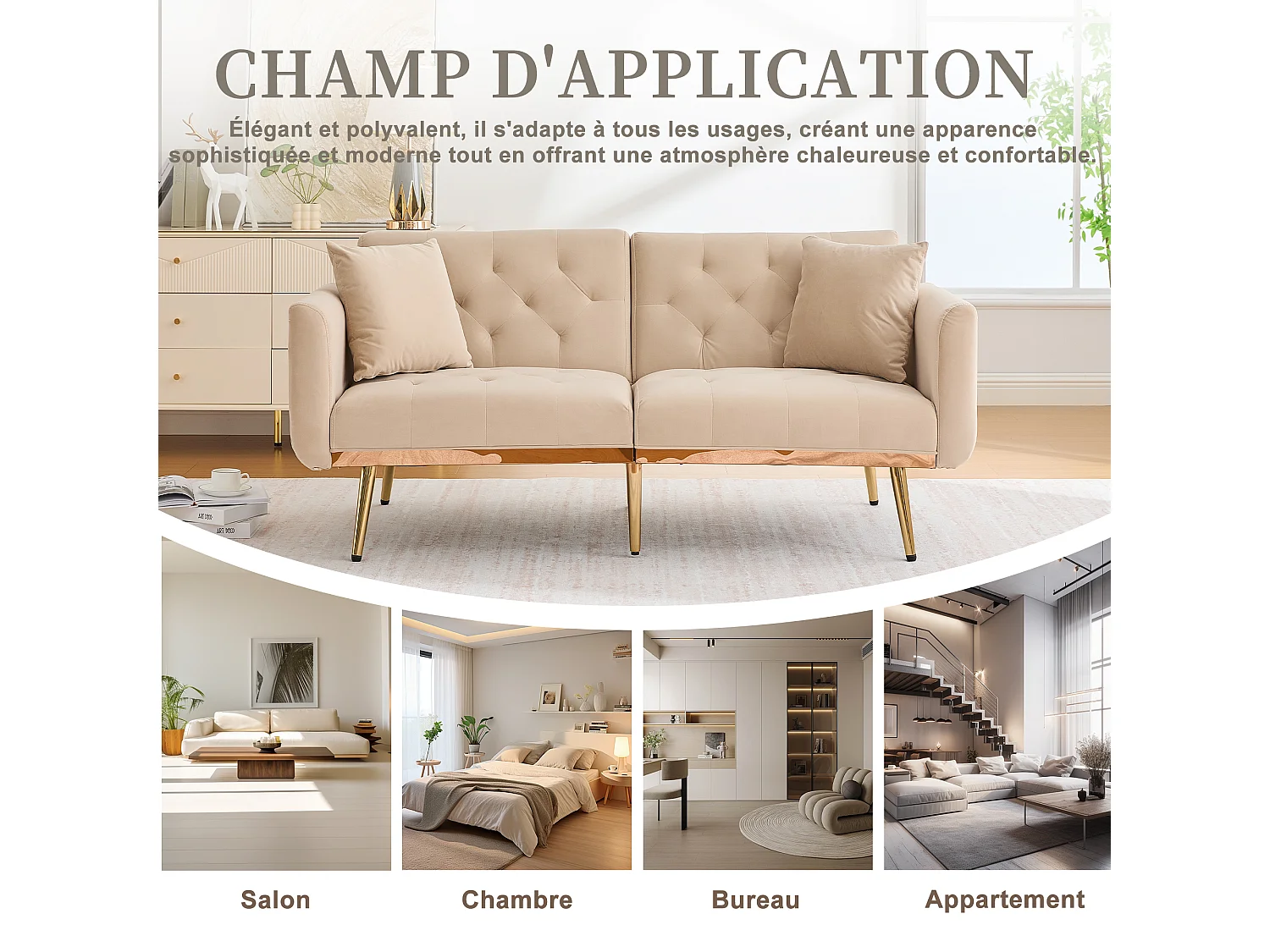 Canapé 2 Places en Tissu Velour Beige à Pieds Dorés - Design Luxe et Élégant – 2 Coussins Inclus