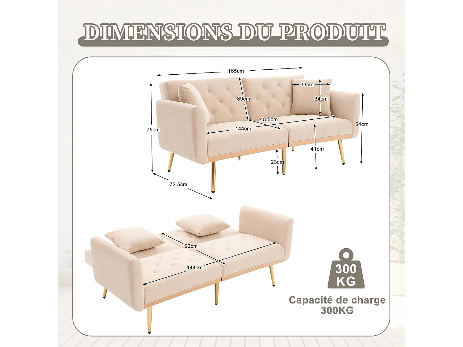 Canapé 2 Places en Tissu Velour Beige à Pieds Dorés - Design Luxe et Élégant – 2 Coussins Inclus