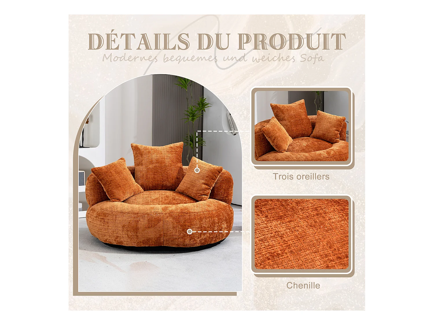 Fauteuil pouf orange  – haut dossier – grand modèle – 3 coussins inclus – ultra moelleux et usage multi-situations - pour adultes et enfants