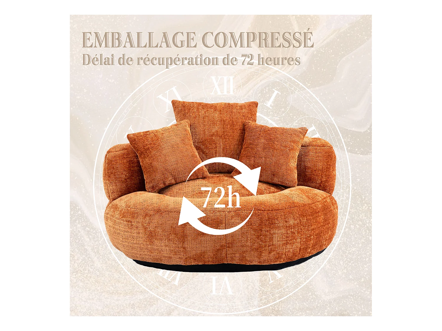 Fauteuil pouf orange  – haut dossier – grand modèle – 3 coussins inclus – ultra moelleux et usage multi-situations - pour adultes et enfants