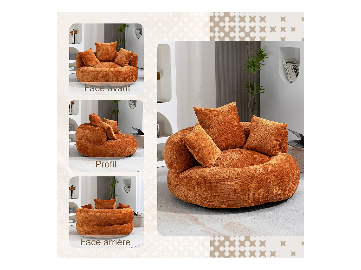 Fauteuil pouf orange  – haut dossier – grand modèle – 3 coussins inclus – ultra moelleux et usage multi-situations - pour adultes et enfants