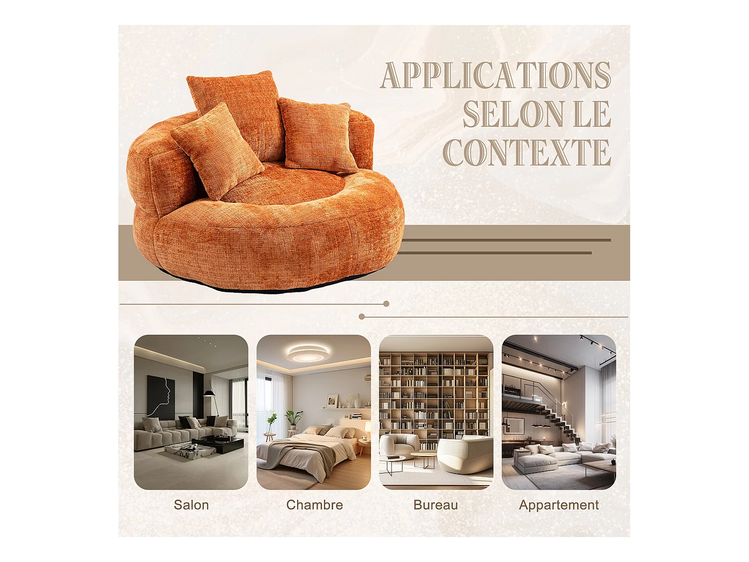 Fauteuil pouf orange  – haut dossier – grand modèle – 3 coussins inclus – ultra moelleux et usage multi-situations - pour adultes et enfants