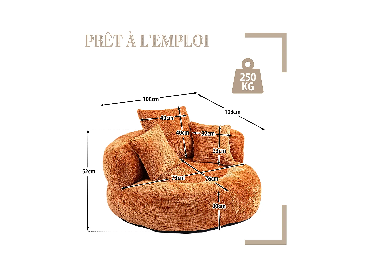 Fauteuil pouf orange  – haut dossier – grand modèle – 3 coussins inclus – ultra moelleux et usage multi-situations - pour adultes et enfants