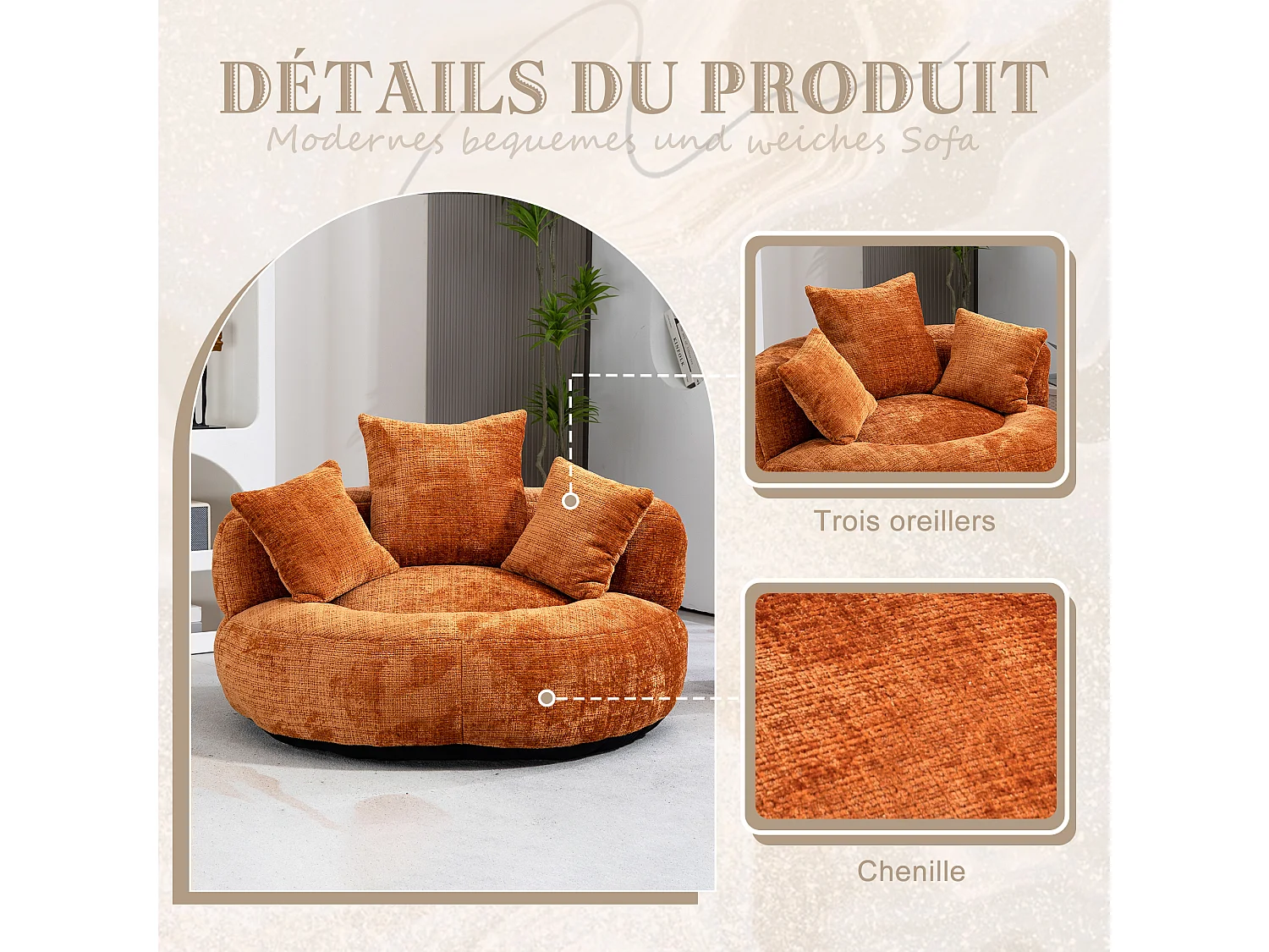 Fauteuil pouf orange  – haut dossier – grand modèle – 3 coussins inclus – ultra moelleux et usage multi-situations - pour adultes et enfants