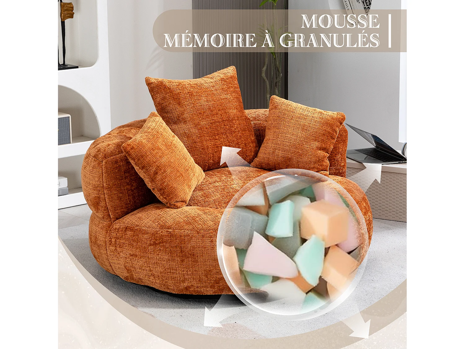 Fauteuil pouf orange  – haut dossier – grand modèle – 3 coussins inclus – ultra moelleux et usage multi-situations - pour adultes et enfants