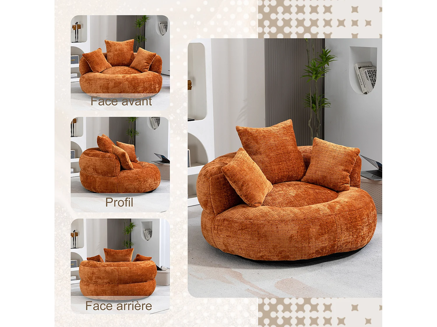 Fauteuil pouf orange  – haut dossier – grand modèle – 3 coussins inclus – ultra moelleux et usage multi-situations - pour adultes et enfants