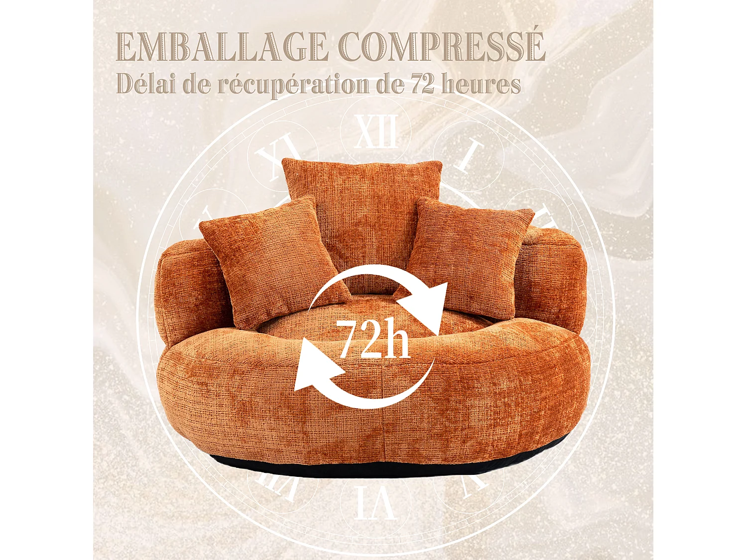 Fauteuil pouf orange  – haut dossier – grand modèle – 3 coussins inclus – ultra moelleux et usage multi-situations - pour adultes et enfants