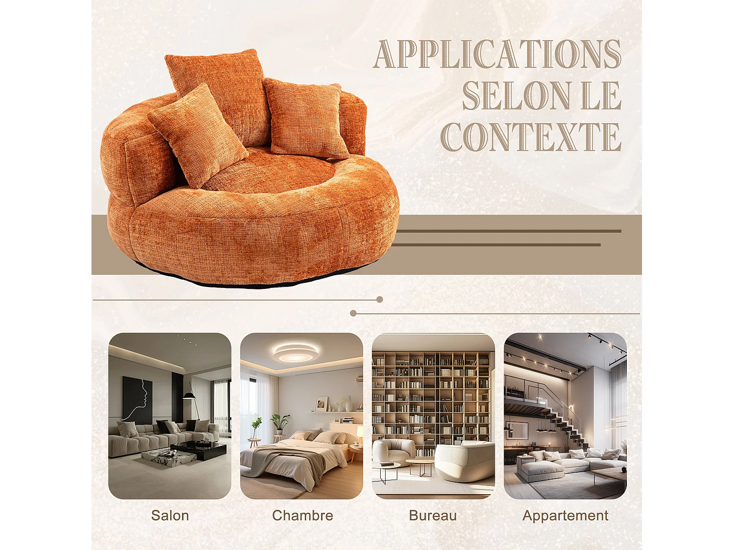 Fauteuil pouf orange  – haut dossier – grand modèle – 3 coussins inclus – ultra moelleux et usage multi-situations - pour adultes et enfants