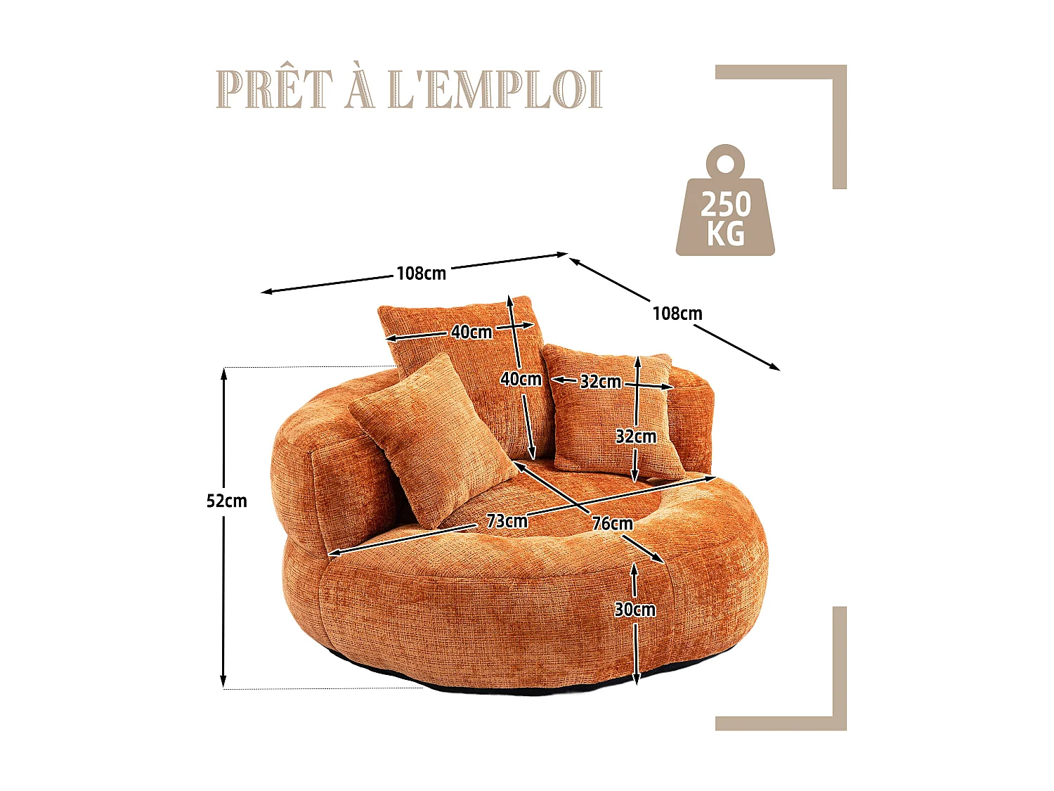 Fauteuil pouf orange  – haut dossier – grand modèle – 3 coussins inclus – ultra moelleux et usage multi-situations - pour adultes et enfants
