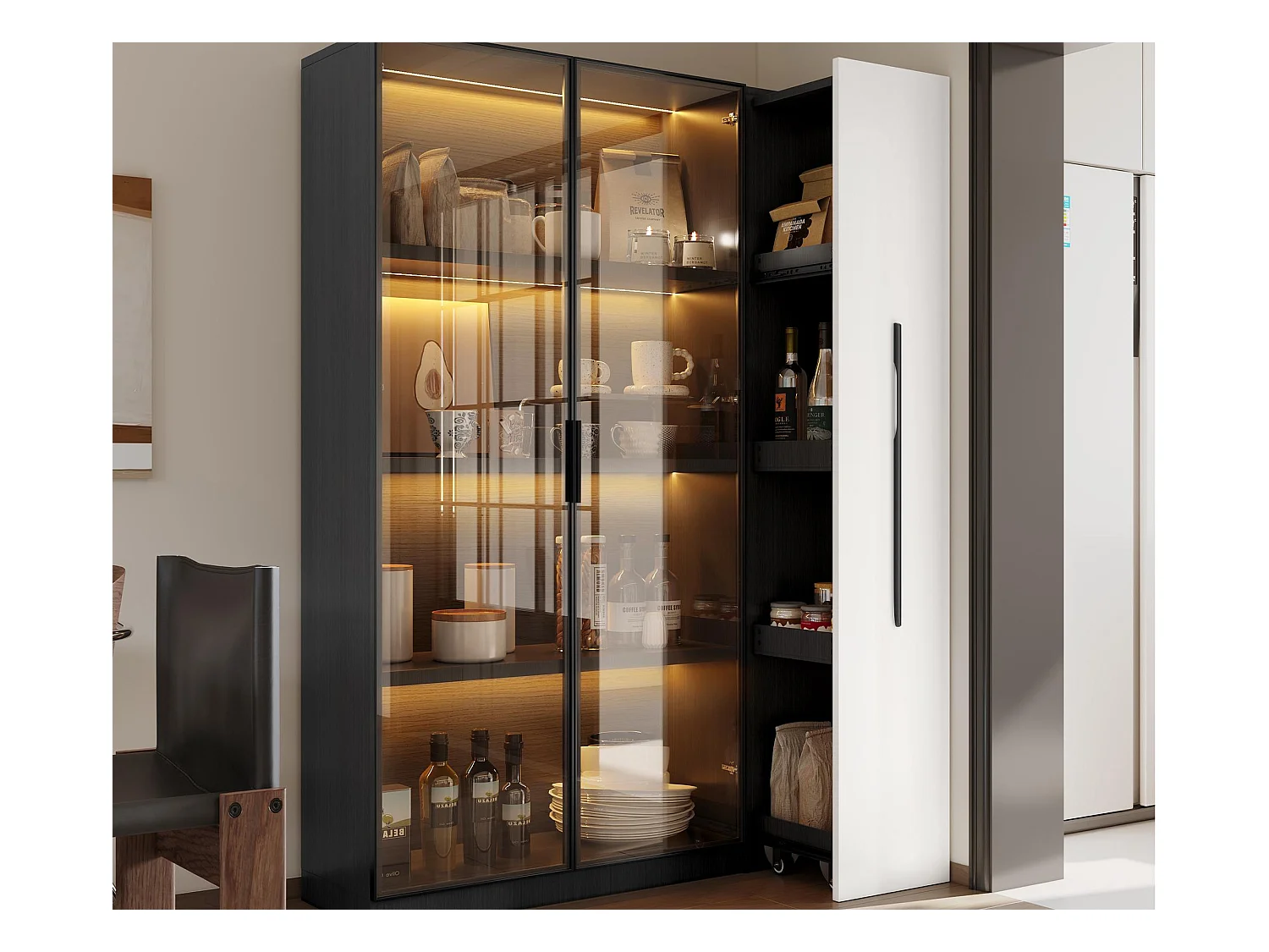 Vitrinekast 110,5×35×160 cm - 2 glazen deuren - 1 zijla - met LED-verlichting - zwart + wi