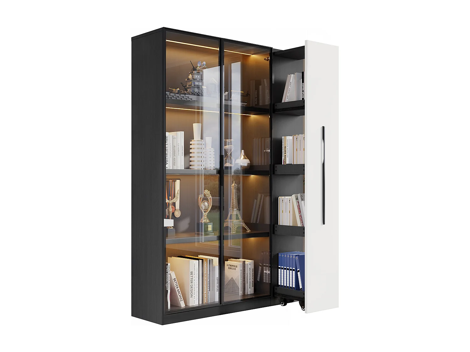 Vitrine 110,5×35×160 cm - mit 2 Glastüren - 1 Seiten-Schublade - mit LED-Beleuchtung - schwarz + weiß