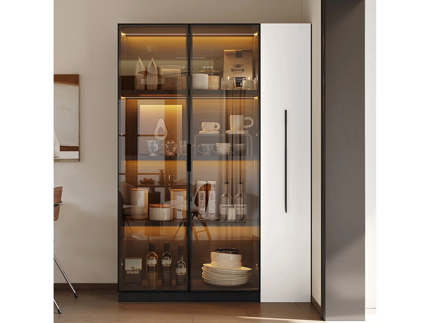 Vitrine 110.5x35x160 cm - 2 portes en verre - 1 tiroir latéral - avec LED - noir + blanc