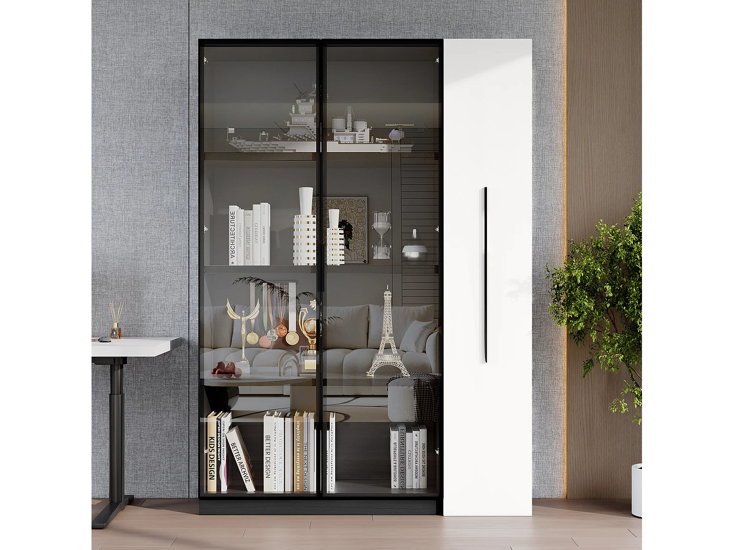 Vitrine 110.5x35x160 cm - 2 portes en verre - 1 tiroir latéral - avec LED - noir + blanc