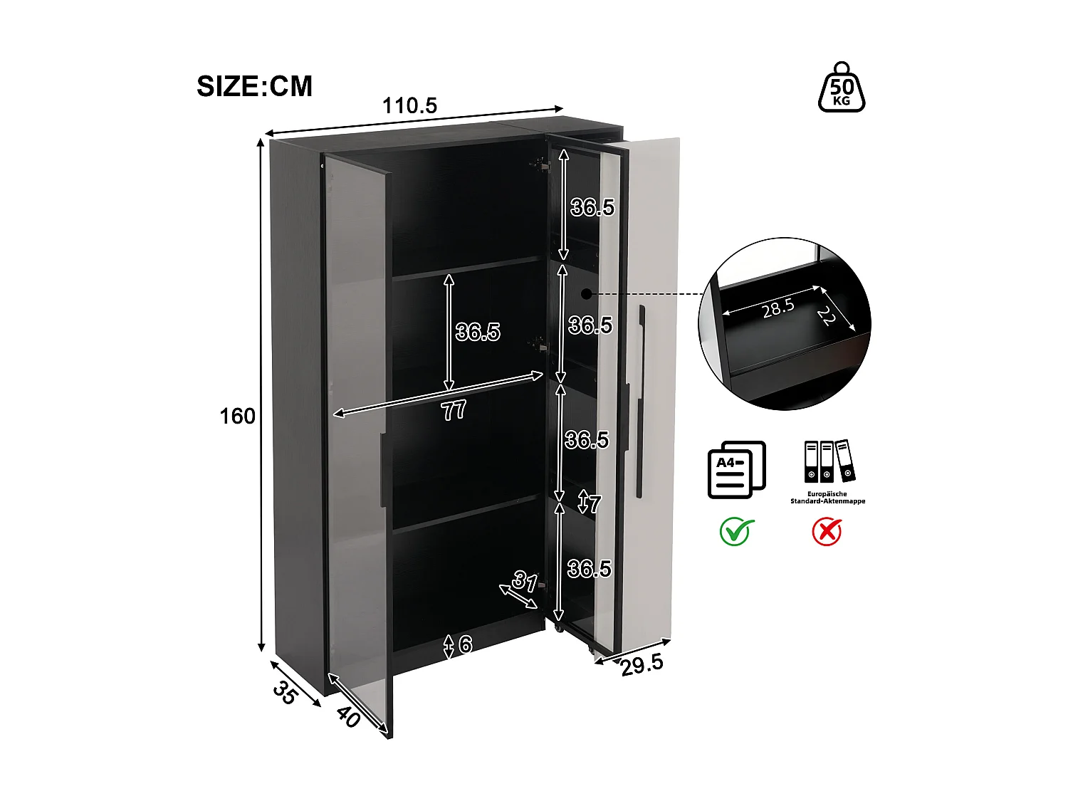 Vitrine 110.5x35x160 cm - 2 portes en verre - 1 tiroir latéral - avec LED - noir + blanc