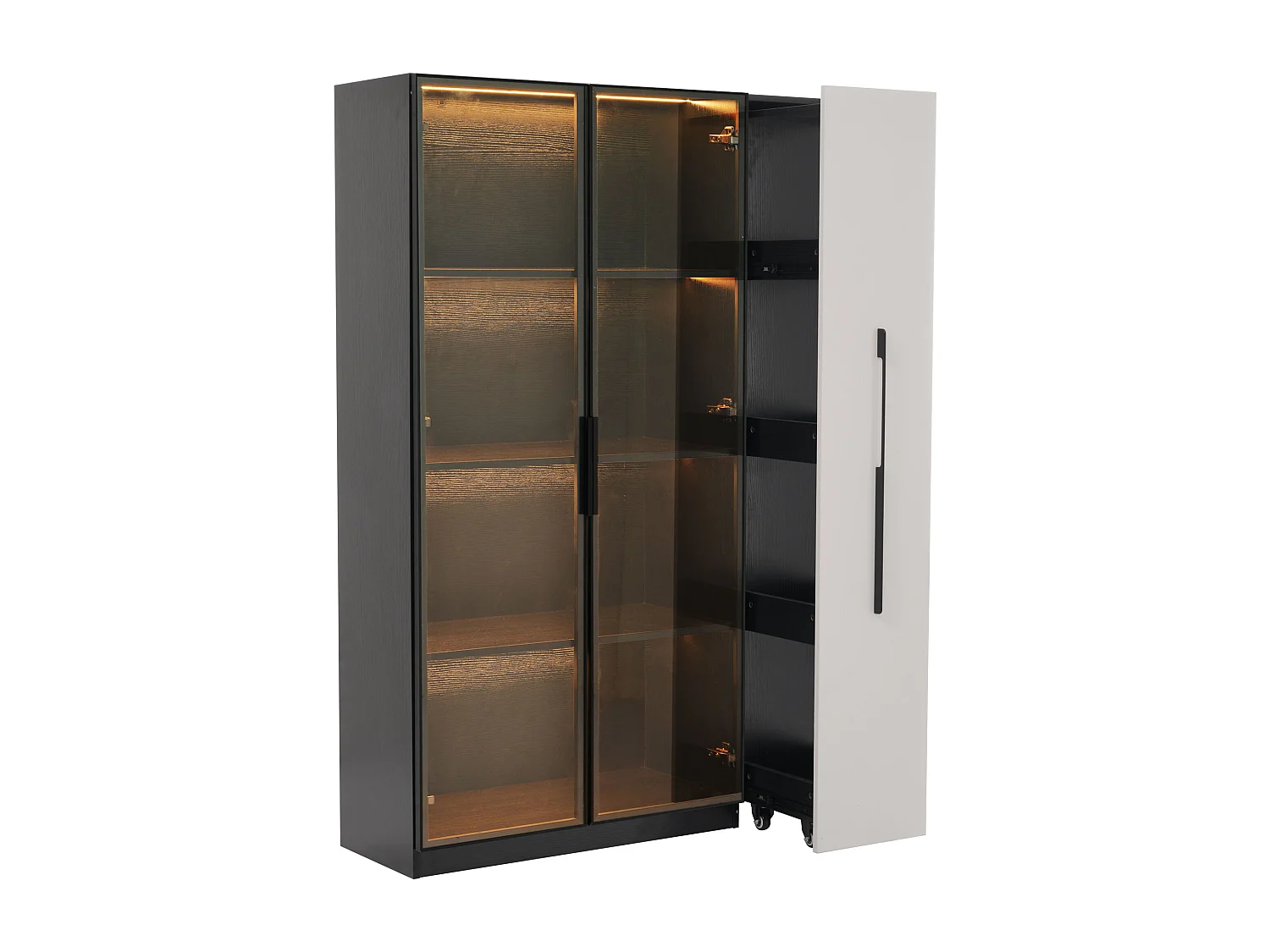 Vitrine 110.5x35x160 cm - 2 portes en verre - 1 tiroir latéral - avec LED - noir + blanc