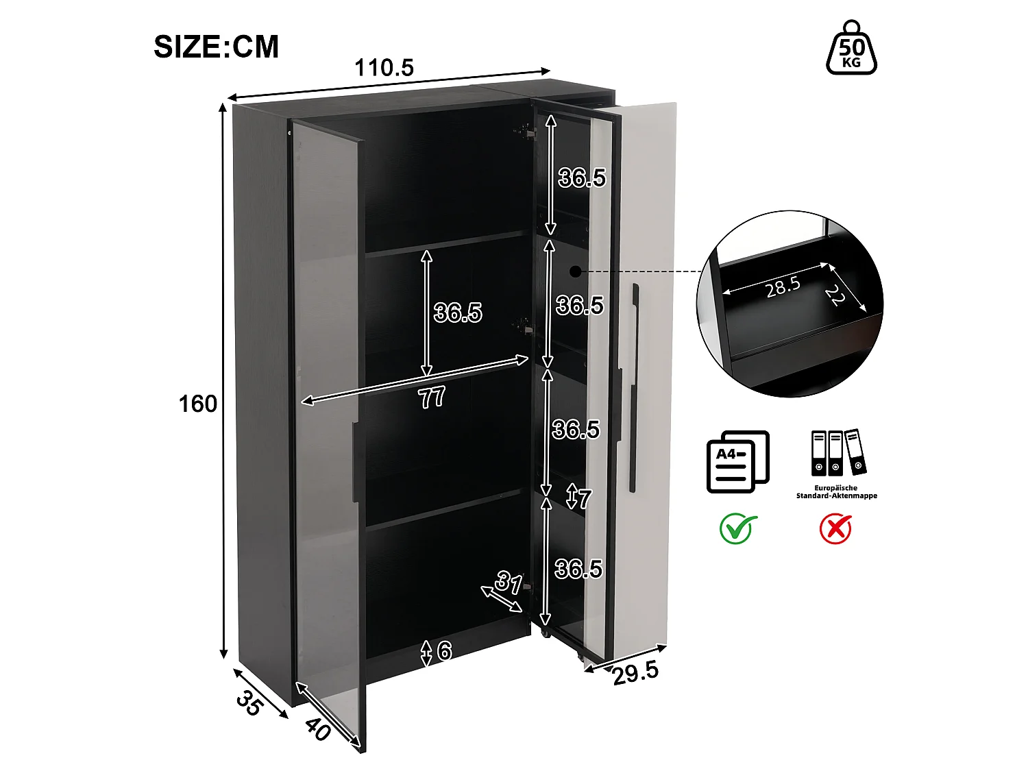 Vitrine 110,5×35×160 cm - 2 portas de vidro - 1 gaveta lateral - com iluminação LED - preto + branco