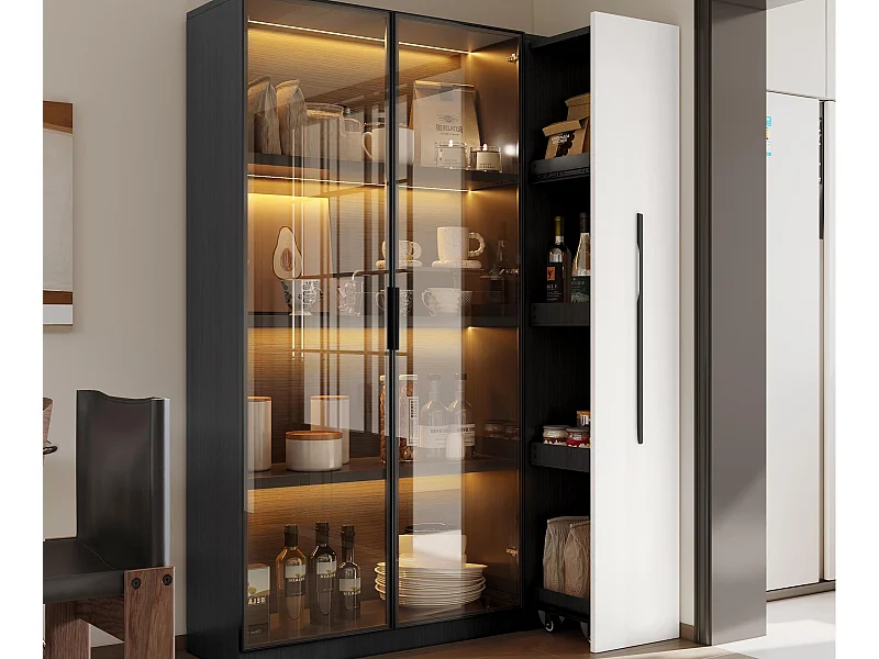 Vitrina 110,5×35×160 cm - 2 puertas de vidrio - 1 cajón lateral - con iluminación LED - negro + blanco