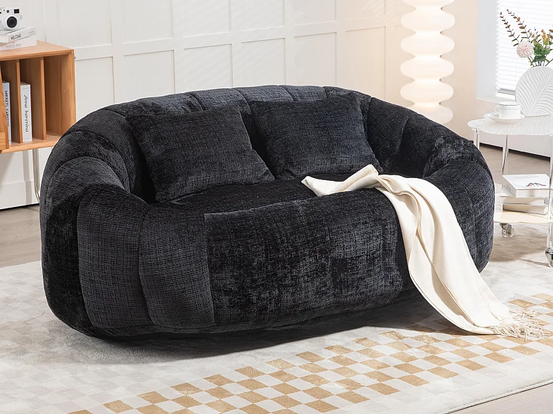 Canapé pouf 2 places noir en chenille – avec deux coussins confortables - fauteuil pouf haut dossier – ultra durable et confortable