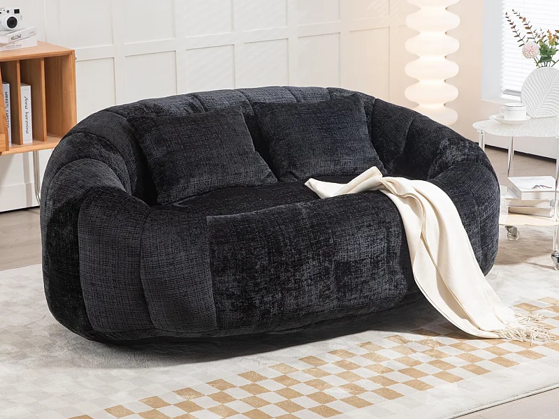 Canapé pouf 2 places noir en chenille – avec deux coussins confortables - fauteuil pouf haut dossier – ultra durable et confortable