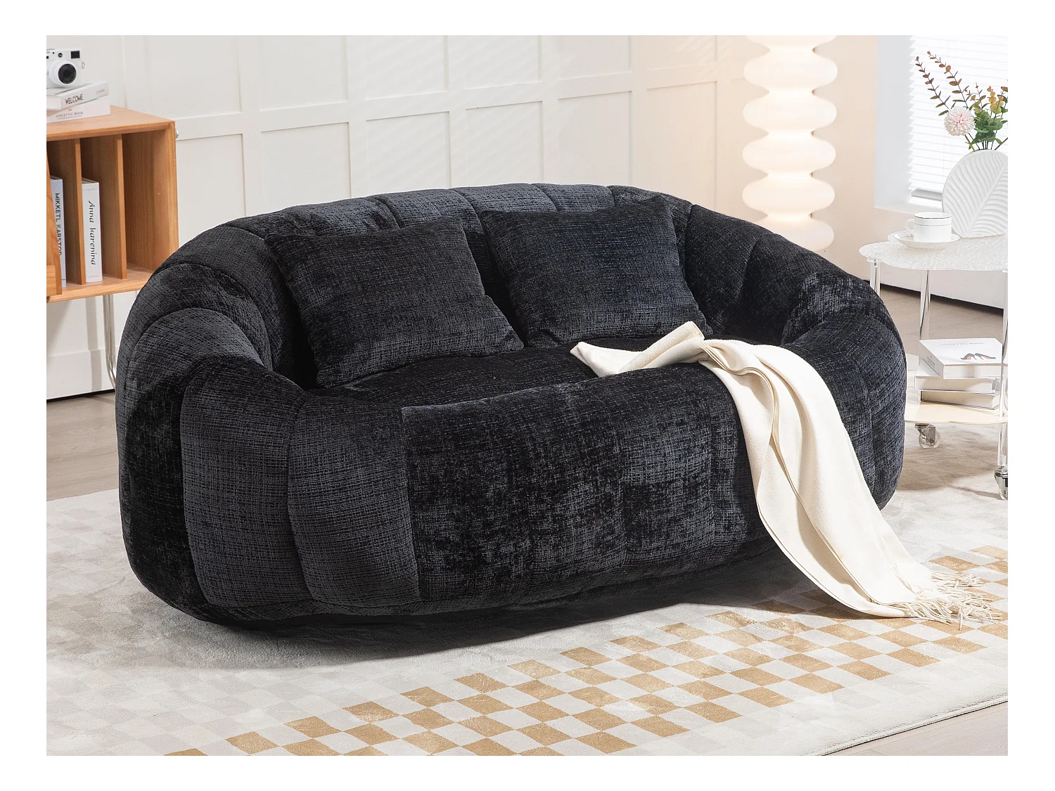 Canapé pouf 2 places noir en chenille – avec deux coussins confortables - fauteuil pouf haut dossier – ultra durable et confortable