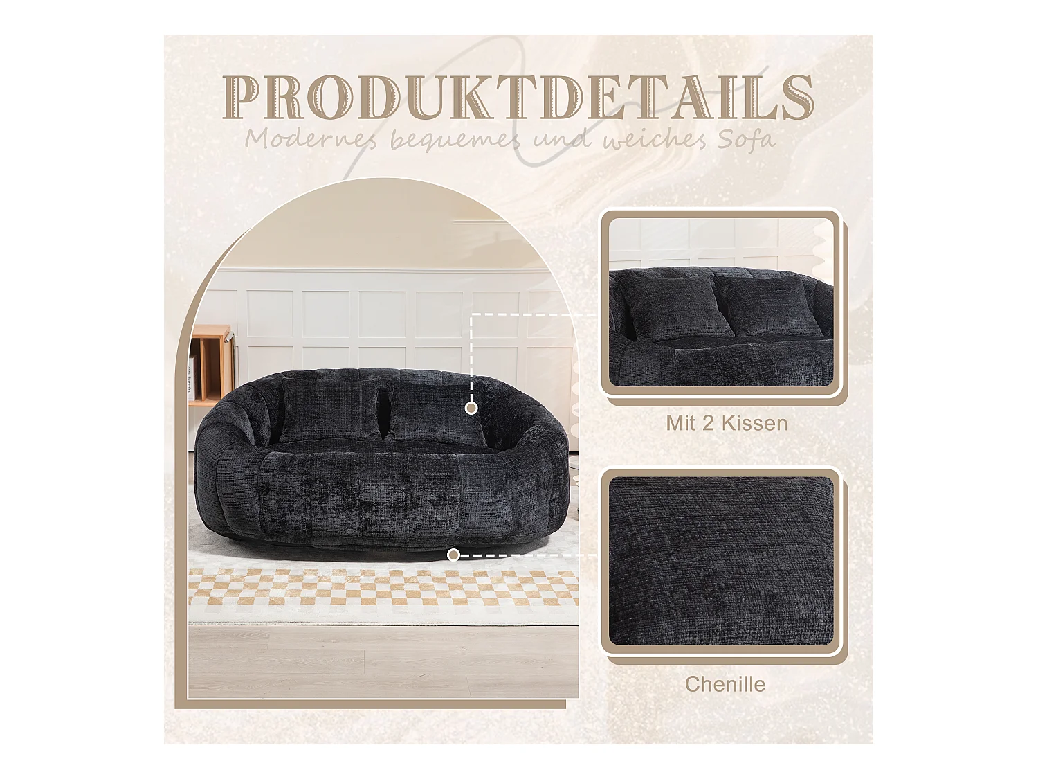 Canapé pouf 2 places noir en chenille – avec deux coussins confortables - fauteuil pouf haut dossier – ultra durable et confortable