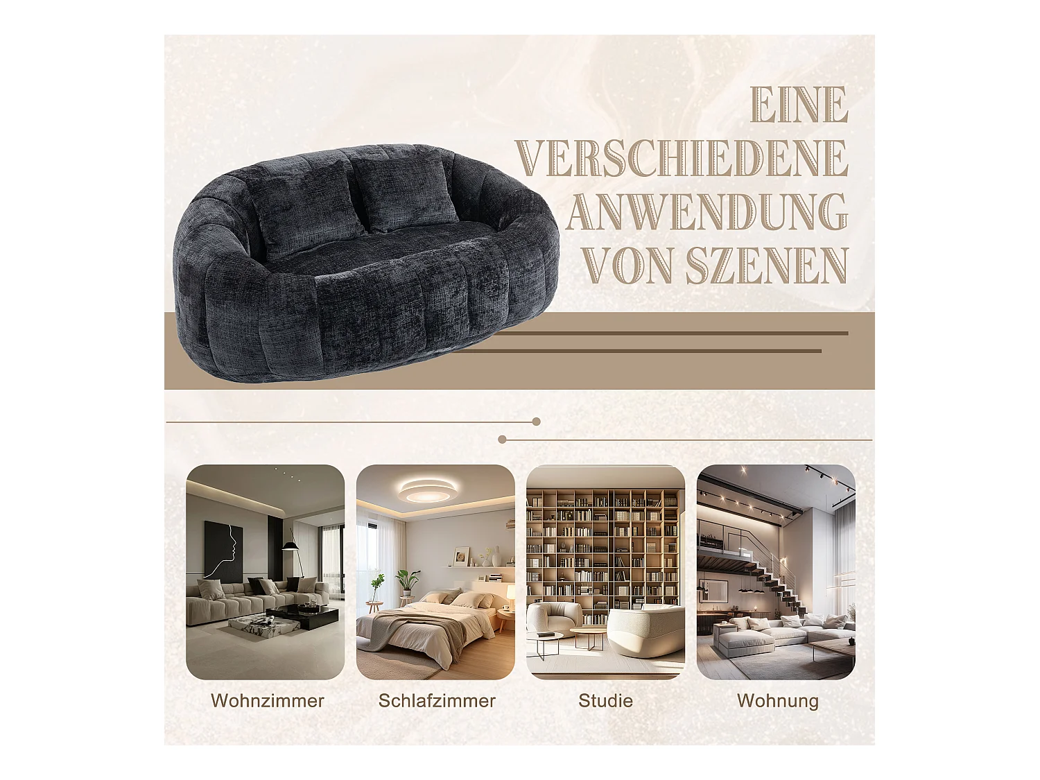 Canapé pouf 2 places noir en chenille – avec deux coussins confortables - fauteuil pouf haut dossier – ultra durable et confortable