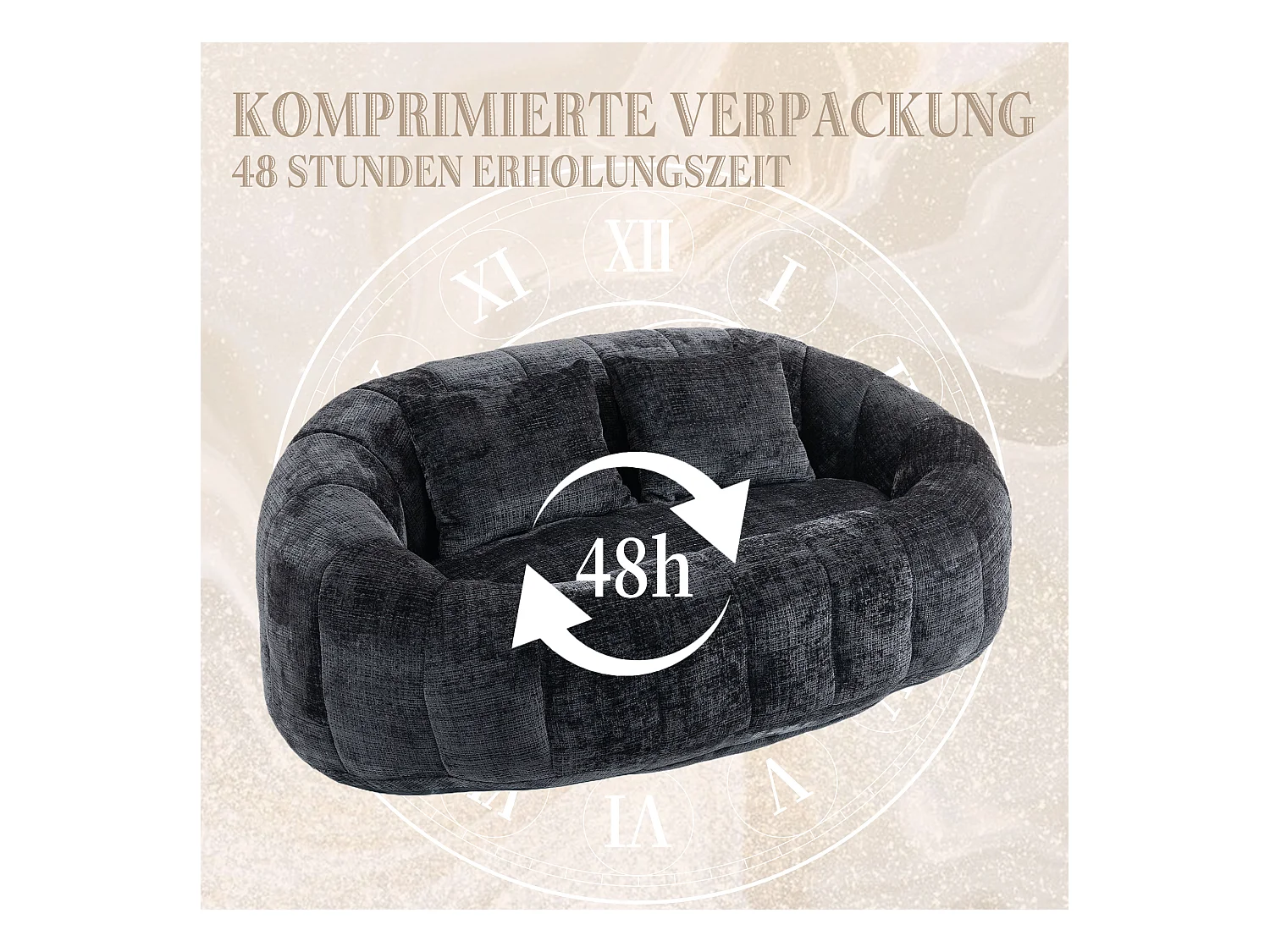 Canapé pouf 2 places noir en chenille – avec deux coussins confortables - fauteuil pouf haut dossier – ultra durable et confortable