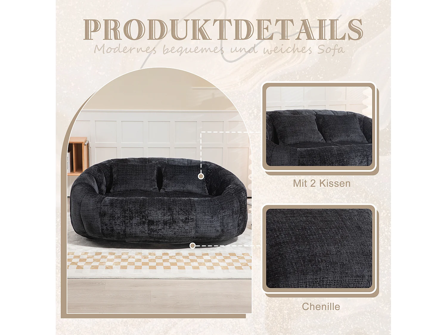 Canapé pouf 2 places noir en chenille – avec deux coussins confortables - fauteuil pouf haut dossier – ultra durable et confortable
