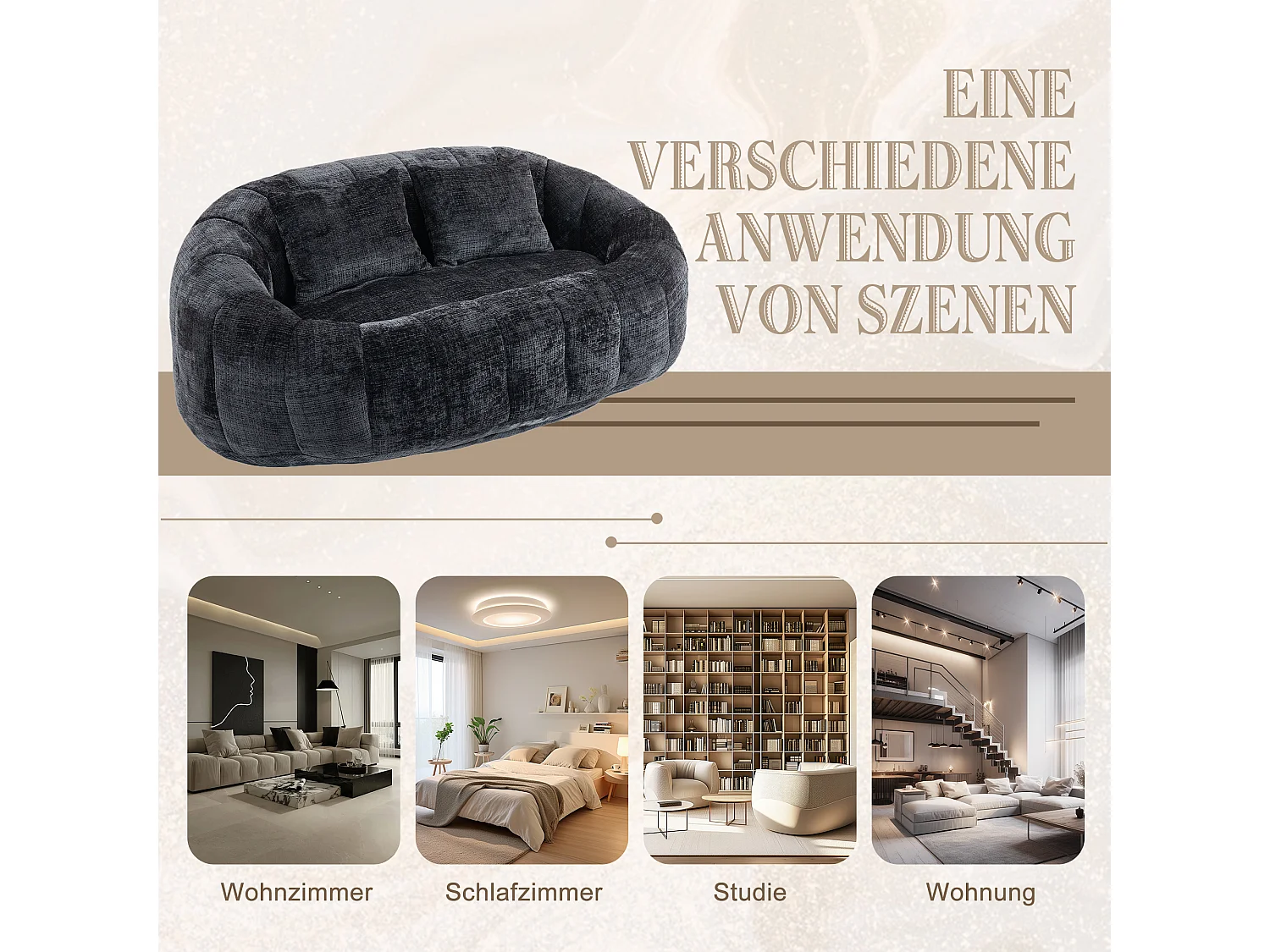 Canapé pouf 2 places noir en chenille – avec deux coussins confortables - fauteuil pouf haut dossier – ultra durable et confortable