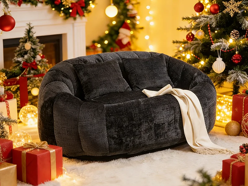 Canapé pouf 2 places noir en chenille – avec deux coussins confortables - fauteuil pouf haut dossier – ultra durable et confortable