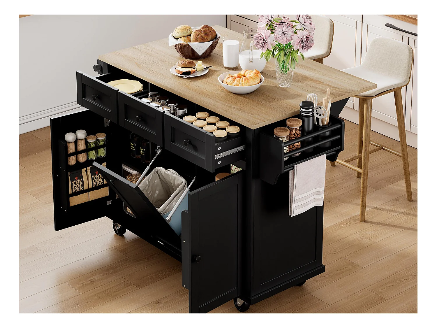 Ilot central de cuisine mobile 126x46.8x94.2cm - avec roulettes - 3 tiroirs et 3 portes - plateau extensible - avec porte-serviettes - noir
