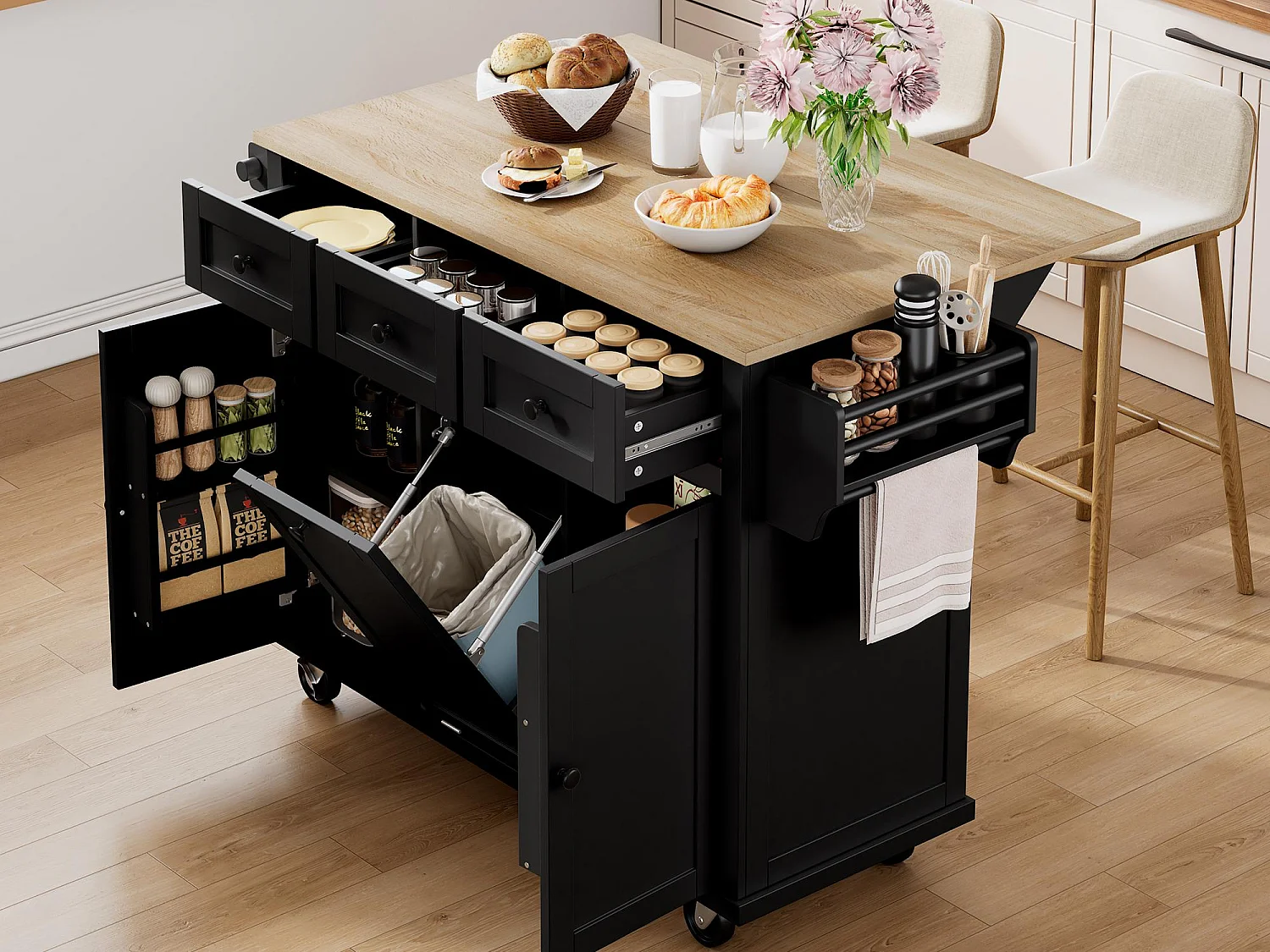 Ilot central de cuisine mobile 131.2x46.2x92.7cm - avec roulettes - 3 tiroirs et 3 portes - plateau extensible - avec porte-serviettes - noir