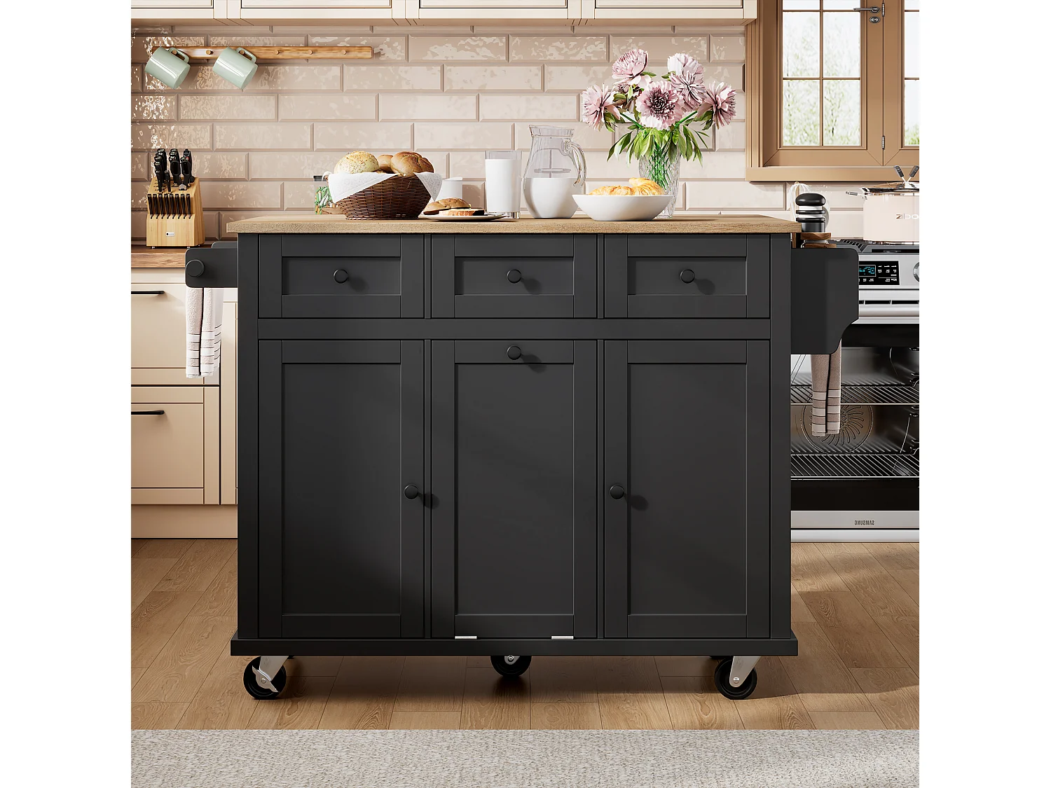 Ilot central de cuisine mobile 131.2x46.2x92.7cm - avec roulettes - 3 tiroirs et 3 portes - plateau extensible - avec porte-serviettes - noir