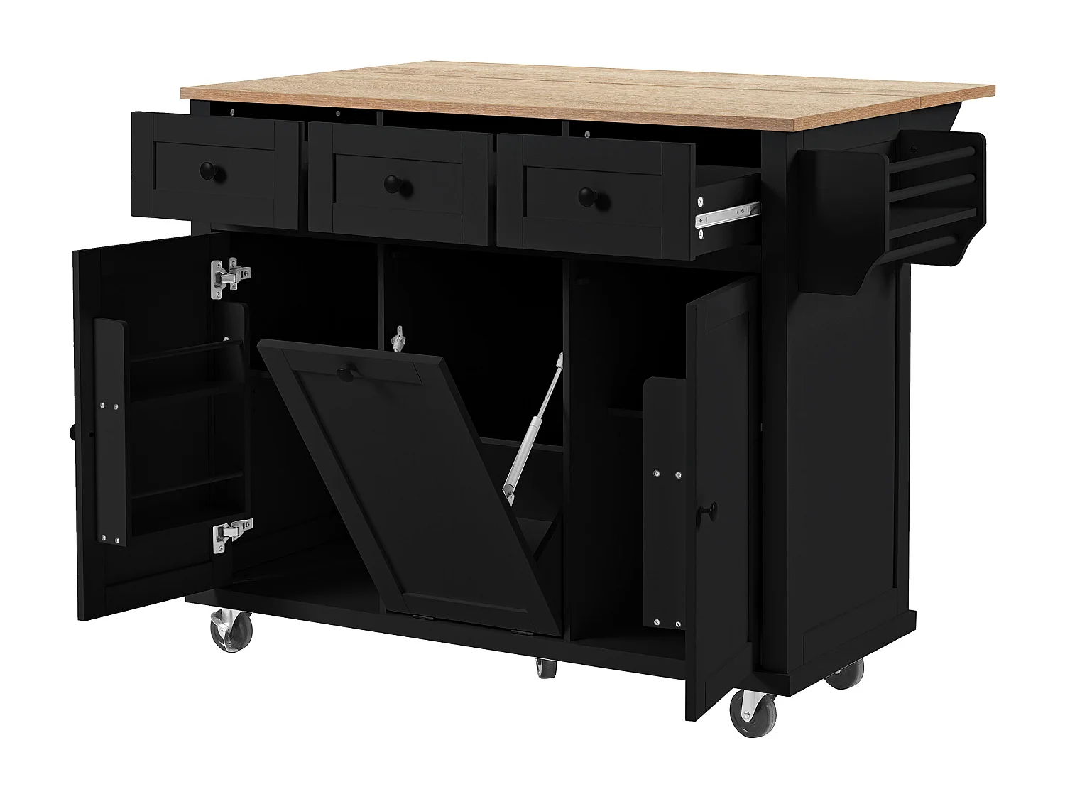 Ilot central de cuisine mobile 131.2x46.2x92.7cm - avec roulettes - 3 tiroirs et 3 portes - plateau extensible - avec porte-serviettes - noir