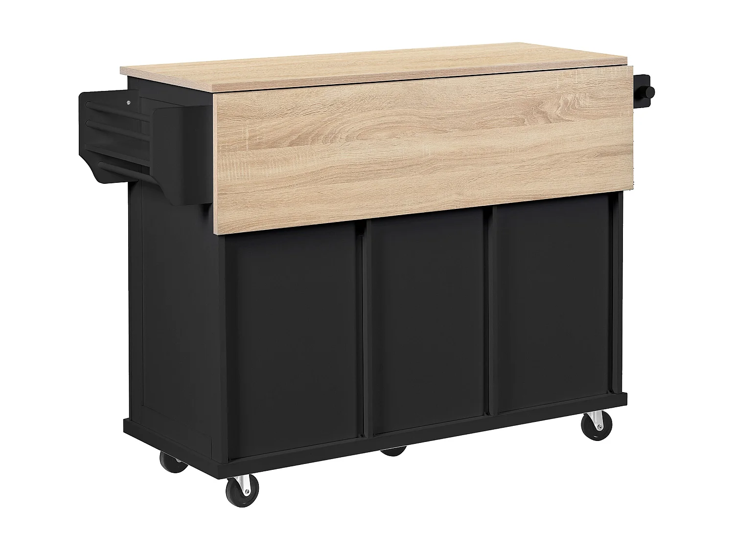 Ilot central de cuisine mobile 131.2x46.2x92.7cm - avec roulettes - 3 tiroirs et 3 portes - plateau extensible - avec porte-serviettes - noir