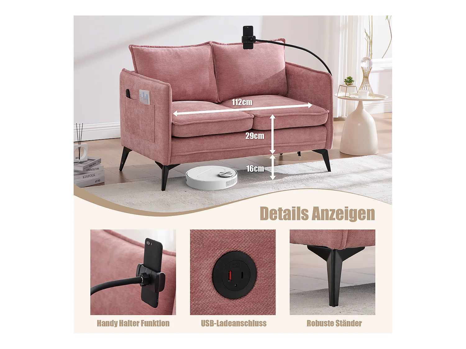 Canapé 2 places en tissu chenille rose – support téléphone – port USB et poches latérales  – Idéal pour salon, bureau ou chambre