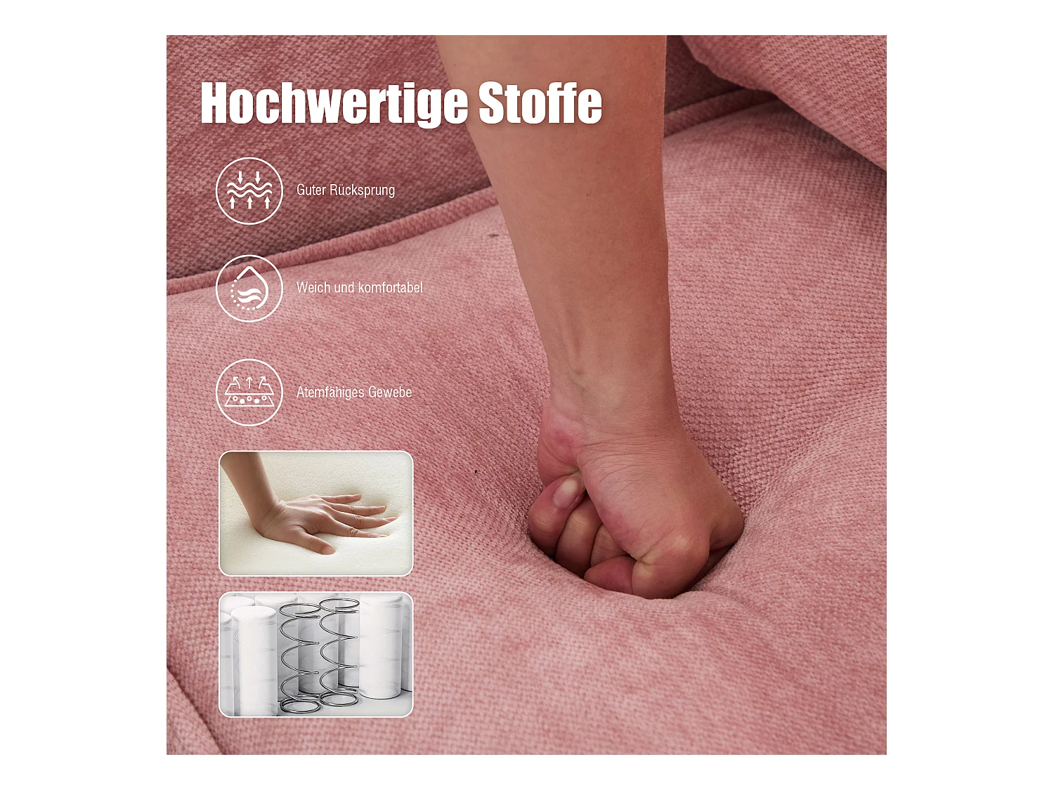 Canapé 2 places en tissu chenille rose – support téléphone – port USB et poches latérales  – Idéal pour salon, bureau ou chambre