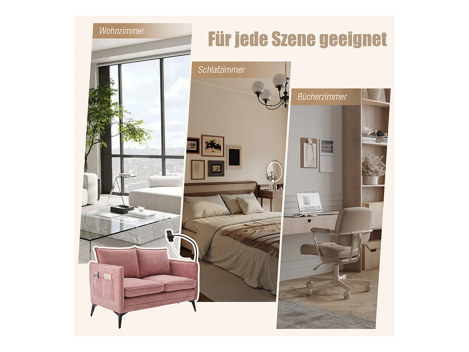 Canapé 2 places en tissu chenille rose – support téléphone – port USB et poches latérales  – Idéal pour salon, bureau ou chambre