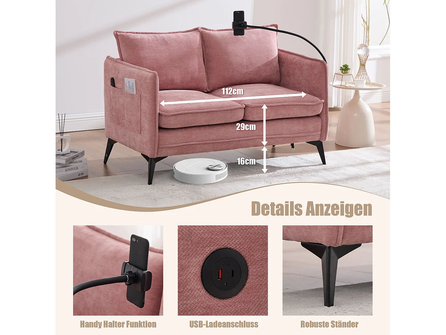 Canapé 2 places en tissu chenille rose – support téléphone – port USB et poches latérales  – Idéal pour salon, bureau ou chambre