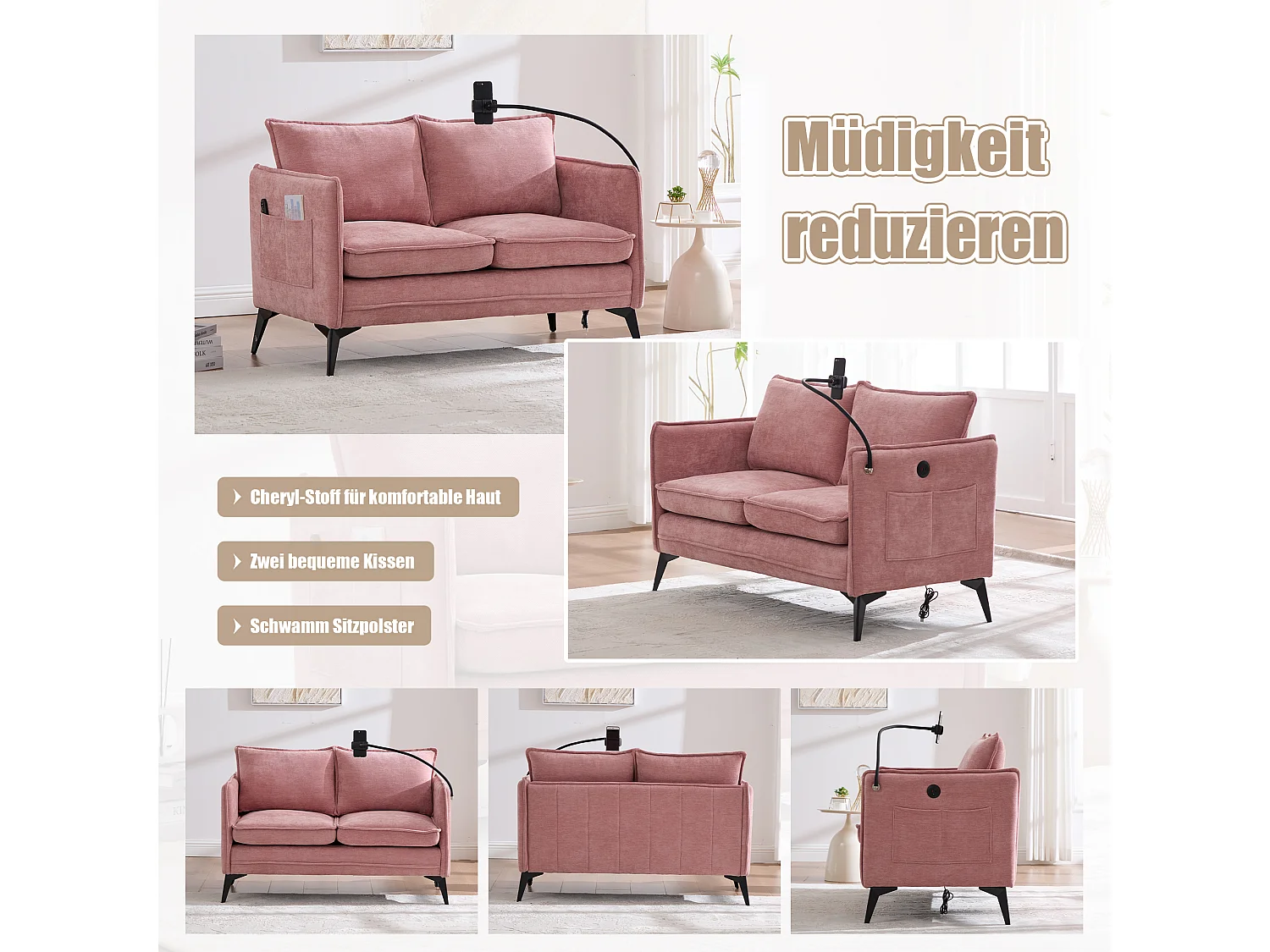 Canapé 2 places en tissu chenille rose – support téléphone – port USB et poches latérales  – Idéal pour salon, bureau ou chambre