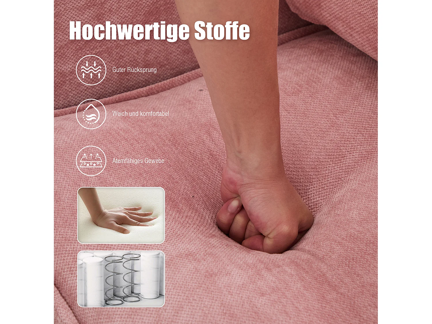 Canapé 2 places en tissu chenille rose – support téléphone – port USB et poches latérales  – Idéal pour salon, bureau ou chambre