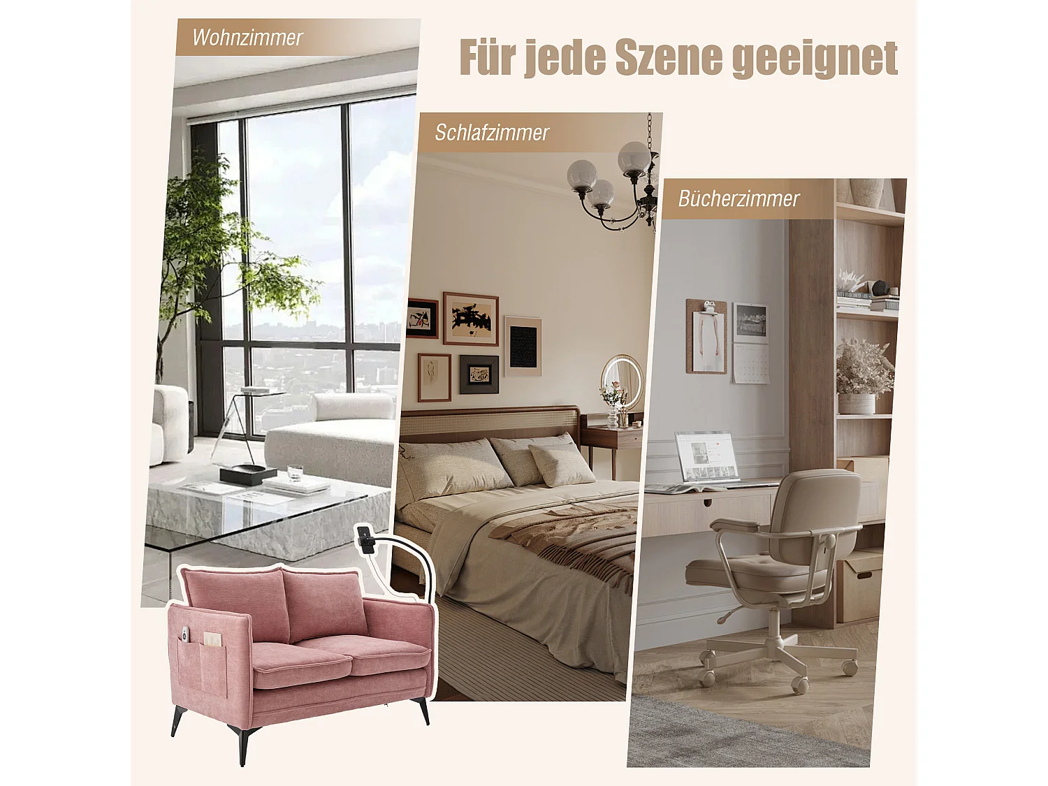 Canapé 2 places en tissu chenille rose – support téléphone – port USB et poches latérales  – Idéal pour salon, bureau ou chambre